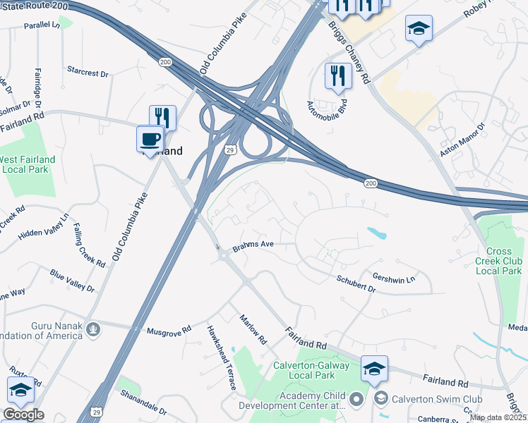 map of restaurants, bars, coffee shops, grocery stores, and more near 2853 Strauss Terrace in Silver Spring