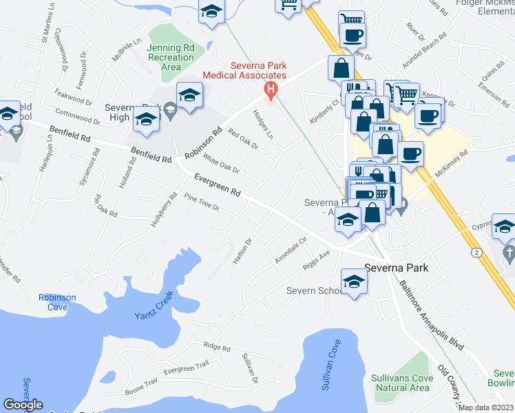 map of restaurants, bars, coffee shops, grocery stores, and more near 403 Evergreen Road in Severna Park