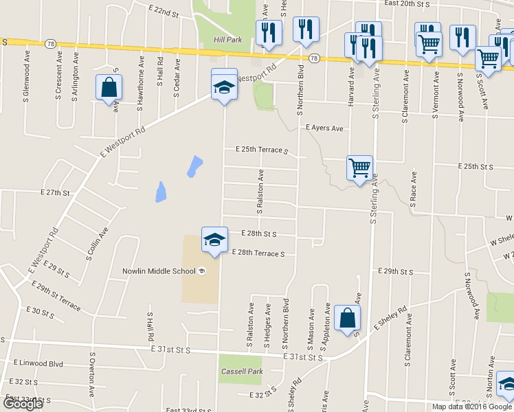 map of restaurants, bars, coffee shops, grocery stores, and more near 10517 East 27th Street South in Independence