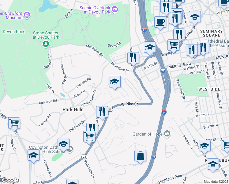 map of restaurants, bars, coffee shops, grocery stores, and more near 1025 Amsterdam Road in Park Hills