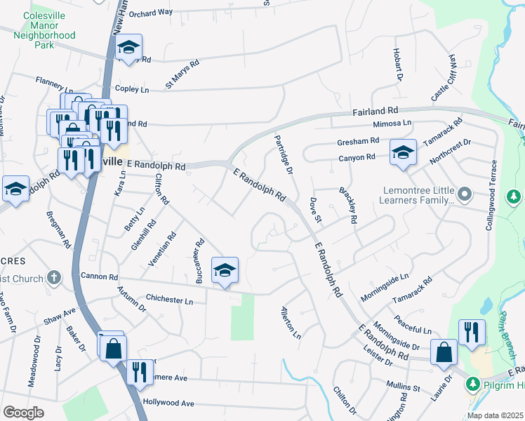 map of restaurants, bars, coffee shops, grocery stores, and more near 13122 Broadmore Road in Silver Spring