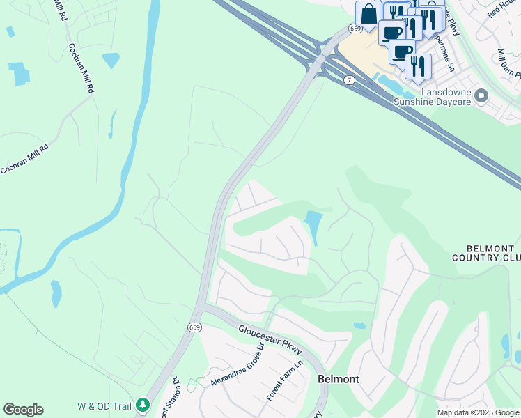 map of restaurants, bars, coffee shops, grocery stores, and more near 43124 Baltusrol Terrace in Ashburn