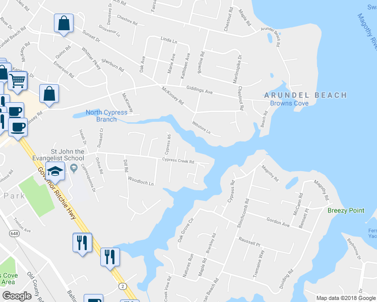 map of restaurants, bars, coffee shops, grocery stores, and more near 612 Amoss Road in Severna Park