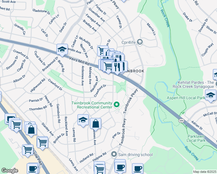 map of restaurants, bars, coffee shops, grocery stores, and more near 5704 Crawford Drive in Rockville