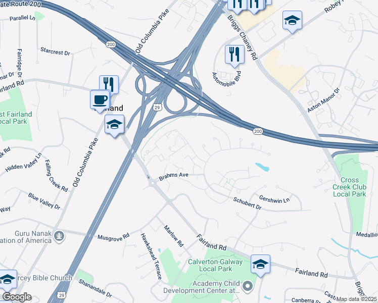 map of restaurants, bars, coffee shops, grocery stores, and more near 13255 Stravinsky Terrace in Silver Spring