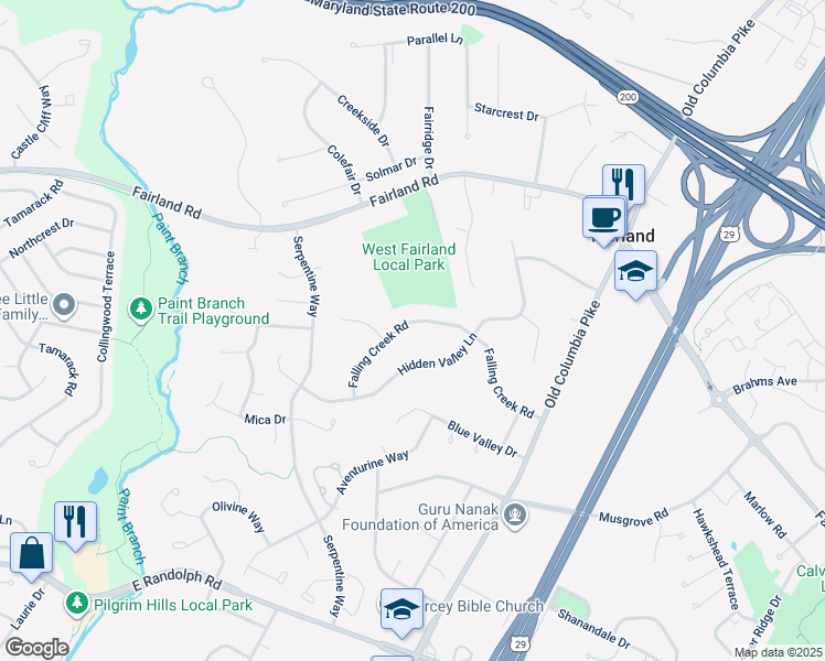 map of restaurants, bars, coffee shops, grocery stores, and more near 2207 Falling Creek Road in Silver Spring