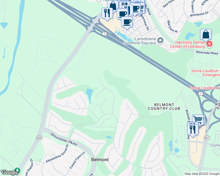 map of restaurants, bars, coffee shops, grocery stores, and more near 19614 Saratoga Springs Place in Ashburn