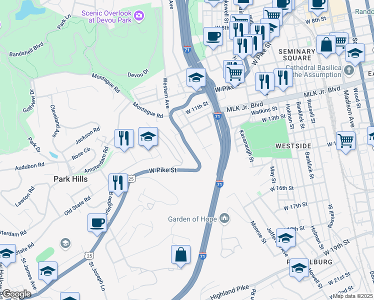 map of restaurants, bars, coffee shops, grocery stores, and more near 1239 West Pike Street in Covington