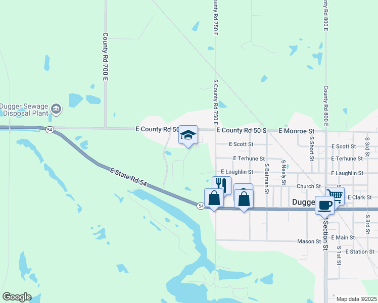 map of restaurants, bars, coffee shops, grocery stores, and more near 7356 East County Road 50 South in Dugger