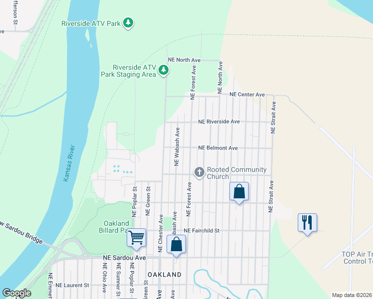 map of restaurants, bars, coffee shops, grocery stores, and more near 1147 Northeast Forest Avenue in Topeka