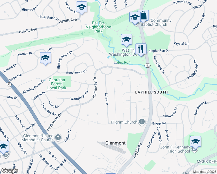 map of restaurants, bars, coffee shops, grocery stores, and more near 13211 Lutes Drive in Silver Spring
