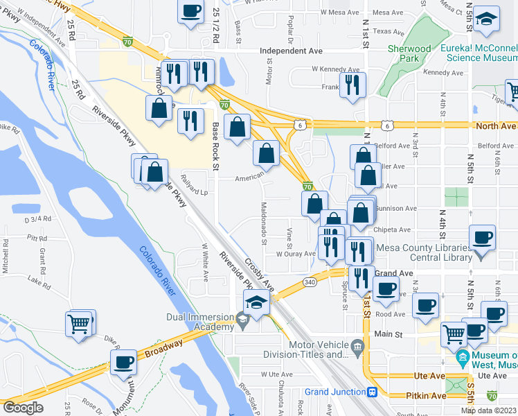 map of restaurants, bars, coffee shops, grocery stores, and more near 610 West Gunnison Avenue in Grand Junction