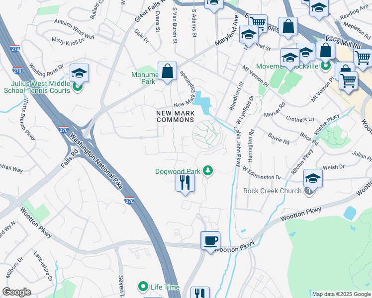 map of restaurants, bars, coffee shops, grocery stores, and more near 898 New Mark Esplanade in Rockville