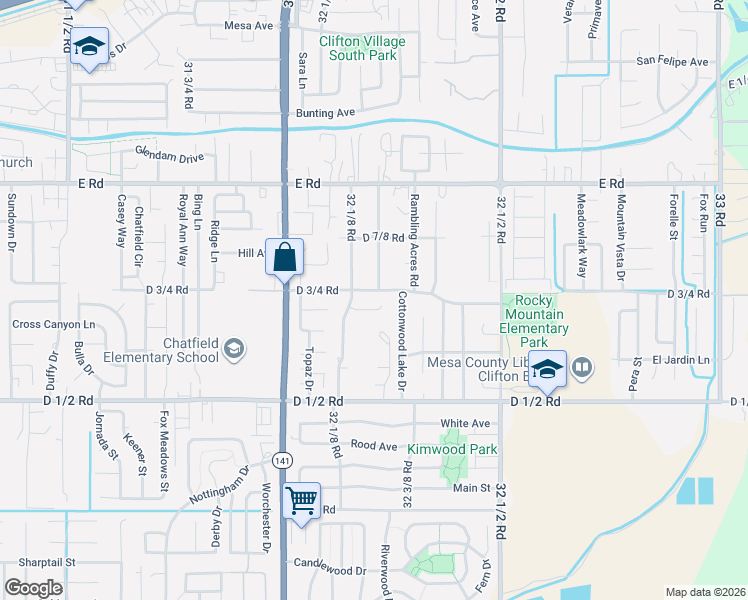 map of restaurants, bars, coffee shops, grocery stores, and more near 3220 Chipeta Court in Clifton