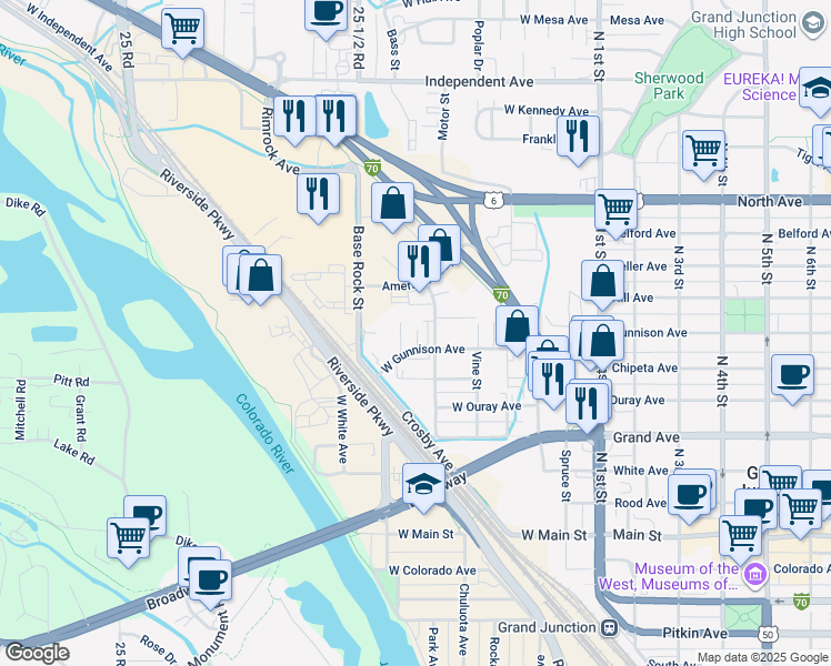 map of restaurants, bars, coffee shops, grocery stores, and more near 610 West Gunnison Avenue in Grand Junction