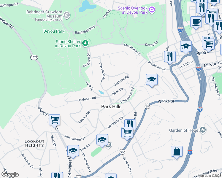 map of restaurants, bars, coffee shops, grocery stores, and more near 1007 Jackson Road in Park Hills