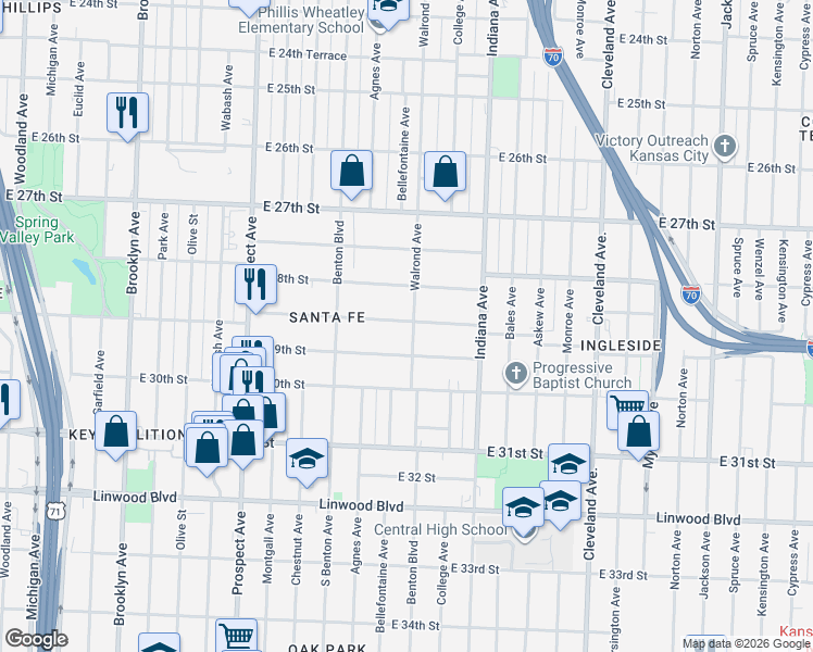 map of restaurants, bars, coffee shops, grocery stores, and more near 2951 Victor Street in Kansas City