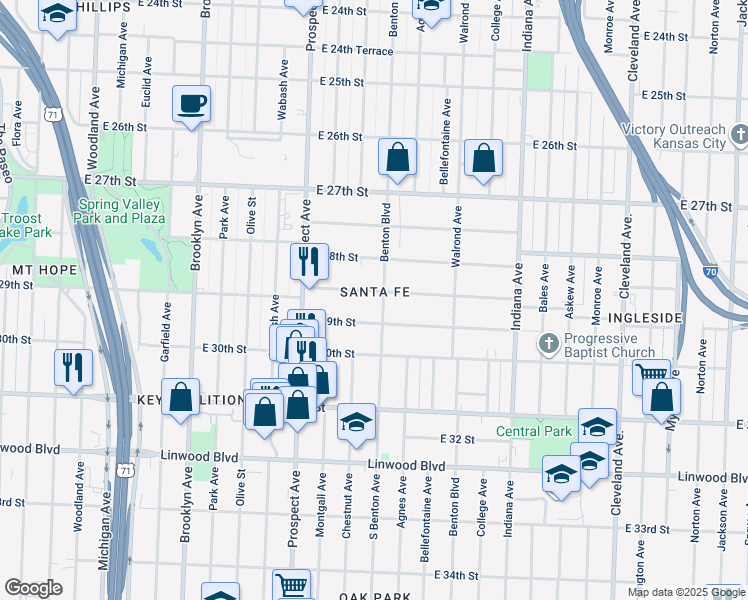 map of restaurants, bars, coffee shops, grocery stores, and more near in Kansas City