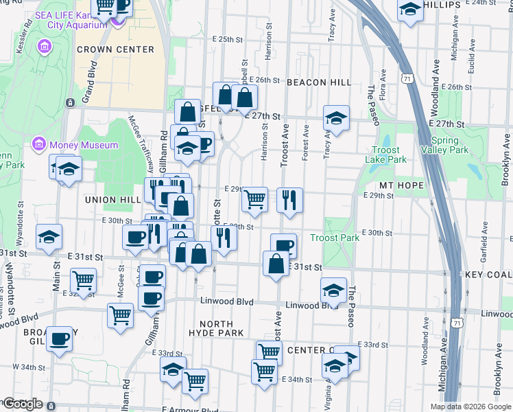 map of restaurants, bars, coffee shops, grocery stores, and more near 2919 Campbell Street in Kansas City
