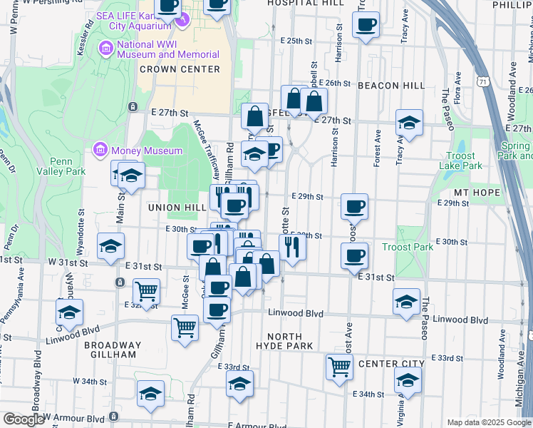 map of restaurants, bars, coffee shops, grocery stores, and more near 2923 Holmes Street in Kansas City