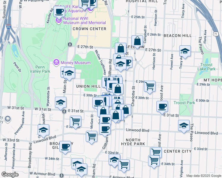 map of restaurants, bars, coffee shops, grocery stores, and more near 2924 Cherry Street in Kansas City