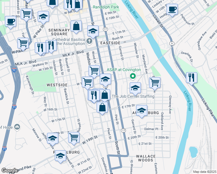 map of restaurants, bars, coffee shops, grocery stores, and more near 1508 Scott Boulevard in Covington