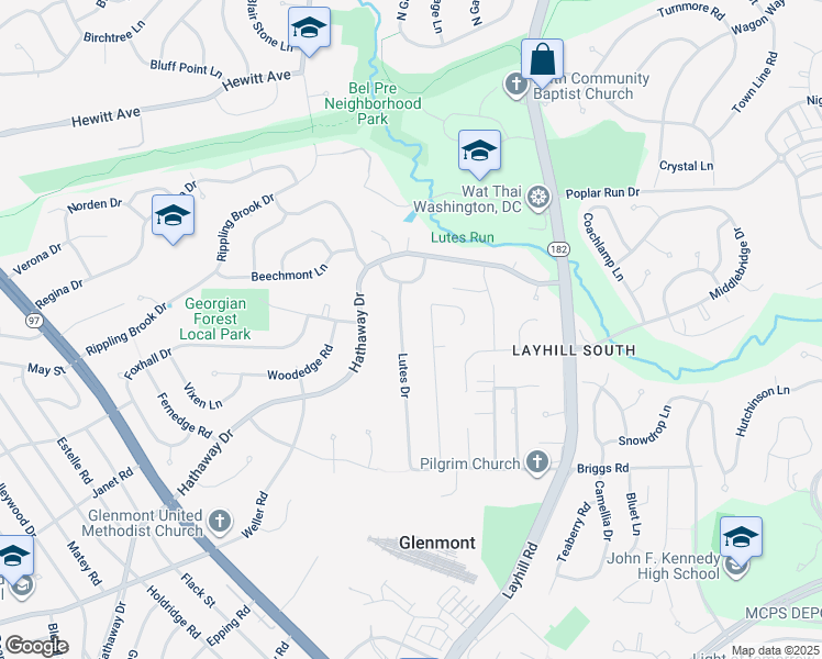 map of restaurants, bars, coffee shops, grocery stores, and more near 13211 Lutes Drive in Silver Spring
