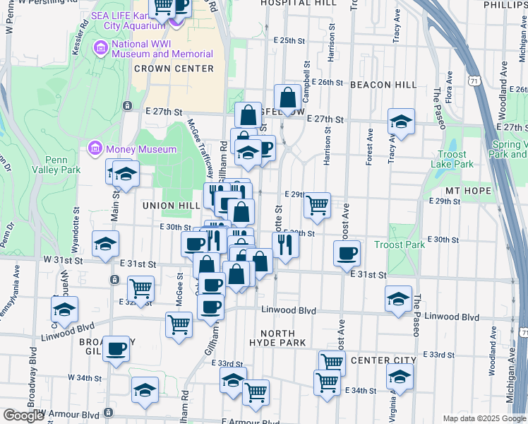 map of restaurants, bars, coffee shops, grocery stores, and more near 2923 Holmes Street in Kansas City