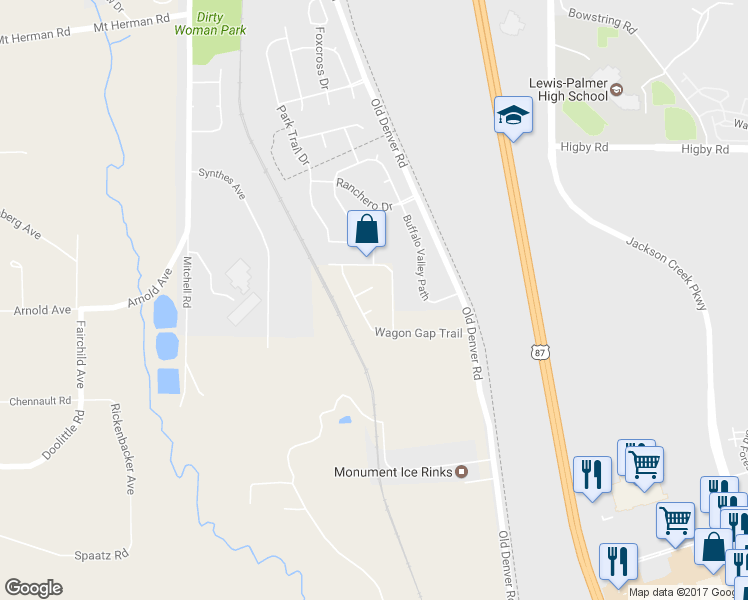 map of restaurants, bars, coffee shops, grocery stores, and more near 2032 Bobcat Valley Court in Monument