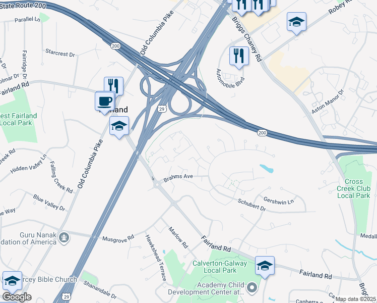 map of restaurants, bars, coffee shops, grocery stores, and more near 2859 Strauss Terrace in Silver Spring