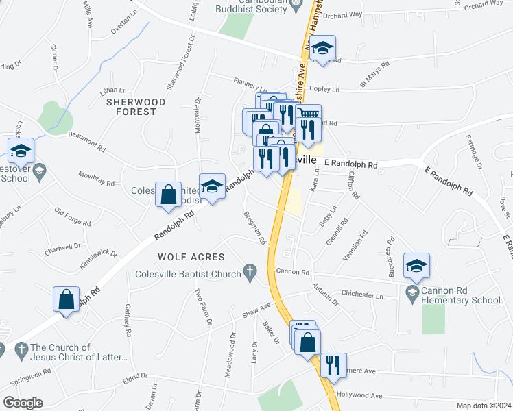 map of restaurants, bars, coffee shops, grocery stores, and more near 14 Wolf Drive in Silver Spring