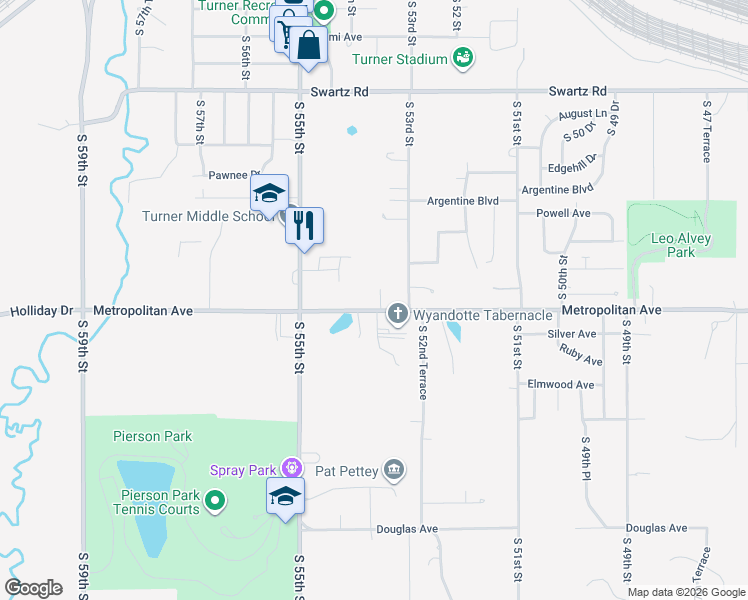map of restaurants, bars, coffee shops, grocery stores, and more near 5344 Metropolitan Avenue in Kansas City