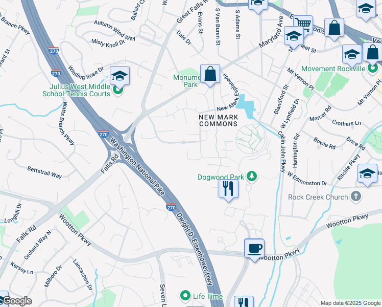 map of restaurants, bars, coffee shops, grocery stores, and more near 3 Don Mills Court in Rockville
