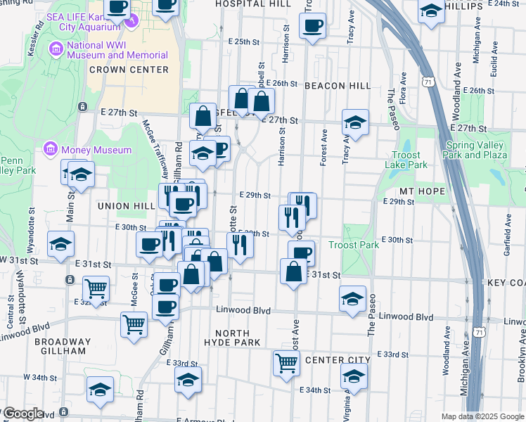 map of restaurants, bars, coffee shops, grocery stores, and more near 2919 Campbell Street in Kansas City