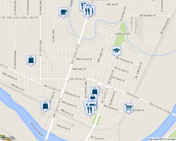 map of restaurants, bars, coffee shops, grocery stores, and more near 1232 Northwest Jackson Street in Topeka