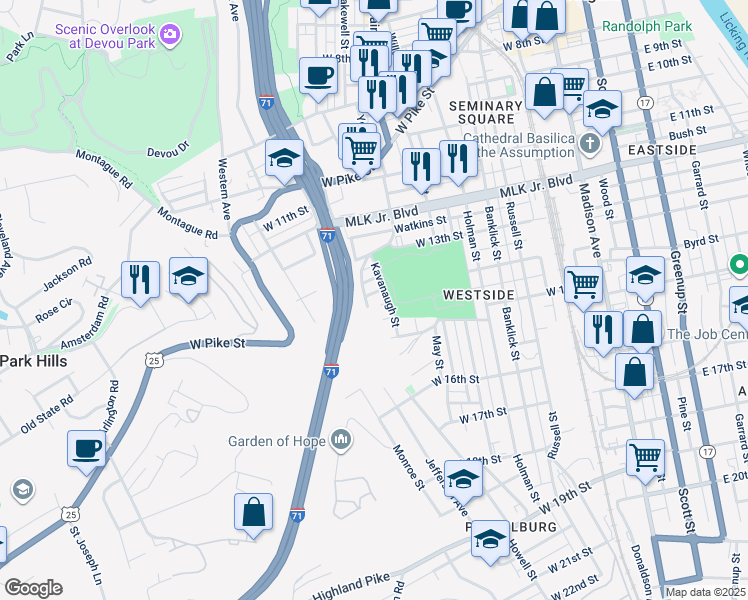 map of restaurants, bars, coffee shops, grocery stores, and more near 509 West 14th Street in Covington
