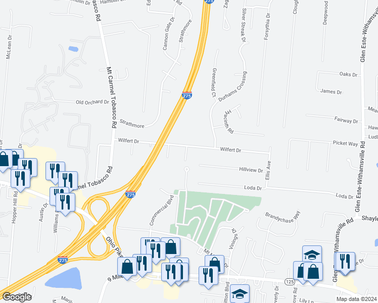 map of restaurants, bars, coffee shops, grocery stores, and more near 671 Wilfert Drive in Cincinnati