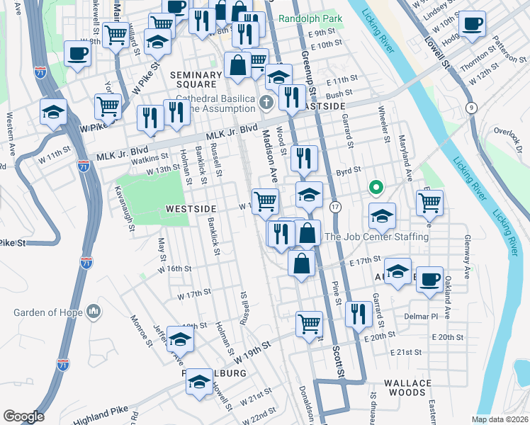 map of restaurants, bars, coffee shops, grocery stores, and more near 1511 Neave Street in Covington