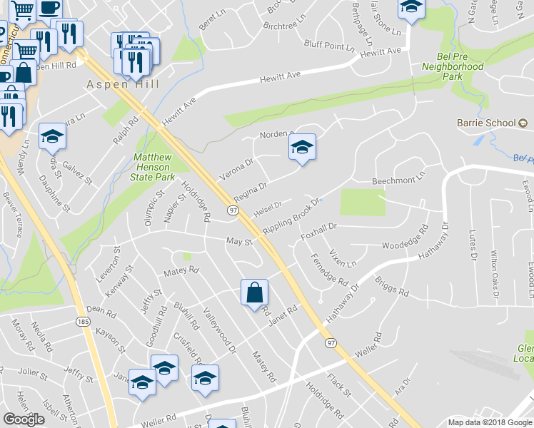 map of restaurants, bars, coffee shops, grocery stores, and more near 3122 Helsel Drive in Silver Spring