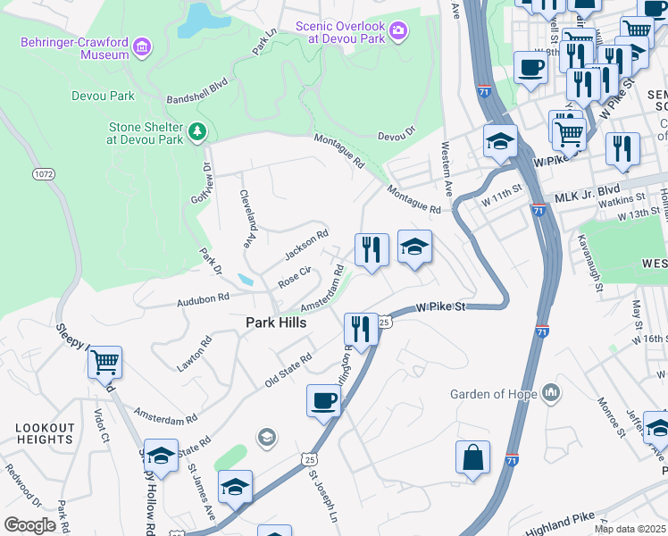 map of restaurants, bars, coffee shops, grocery stores, and more near 1064 Amsterdam Road in Park Hills
