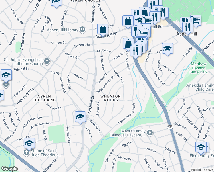 map of restaurants, bars, coffee shops, grocery stores, and more near 4300 Independence Street in Rockville