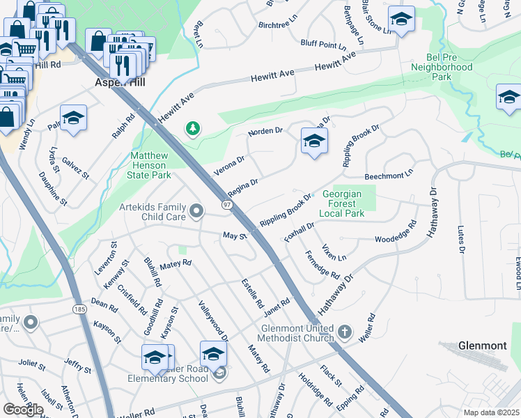 map of restaurants, bars, coffee shops, grocery stores, and more near 3122 Helsel Drive in Silver Spring