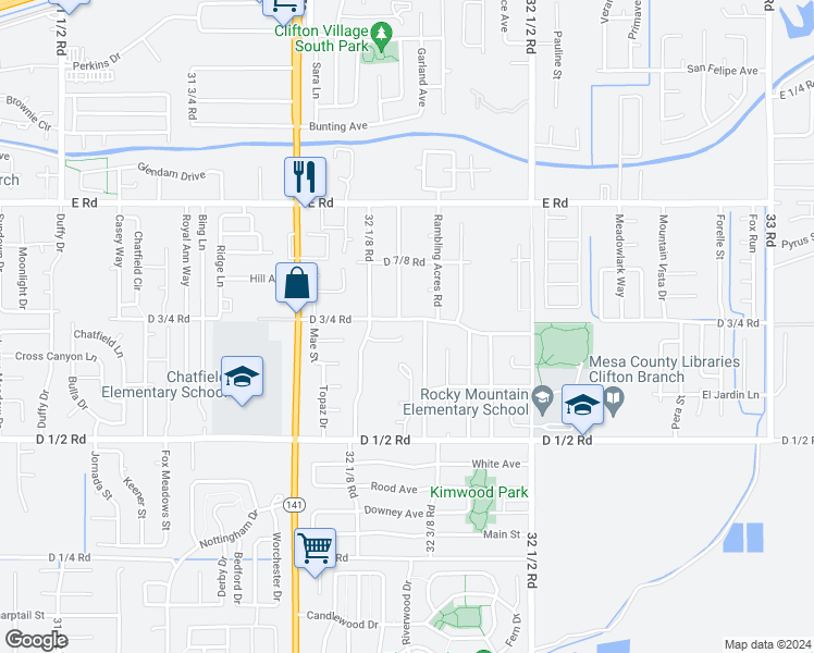 map of restaurants, bars, coffee shops, grocery stores, and more near 475 Cottonwood Lake Drive in Clifton
