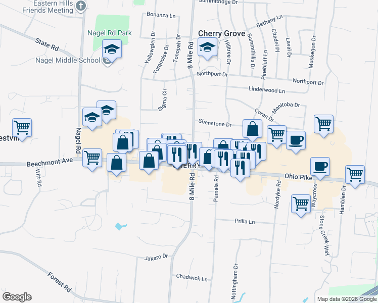 map of restaurants, bars, coffee shops, grocery stores, and more near 1252 8 Mile Road in Cincinnati