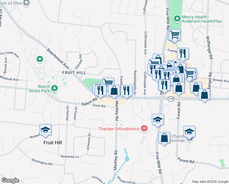map of restaurants, bars, coffee shops, grocery stores, and more near 7191 Paddison Road in Cincinnati