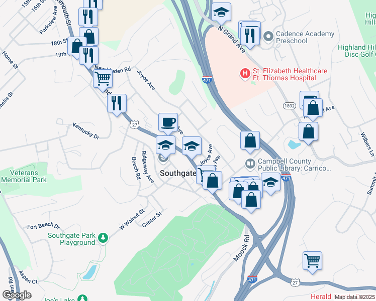map of restaurants, bars, coffee shops, grocery stores, and more near 2425 U.S. 27 in Southgate