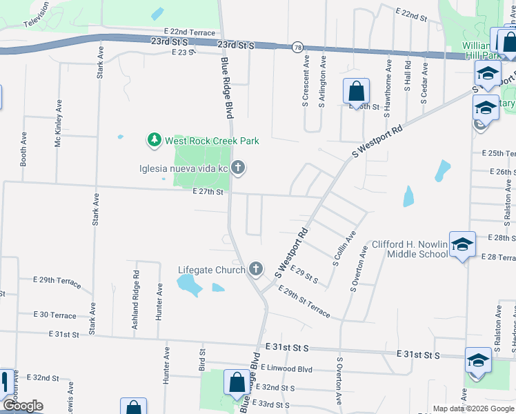 map of restaurants, bars, coffee shops, grocery stores, and more near 2707 South Glenwood Avenue in Independence