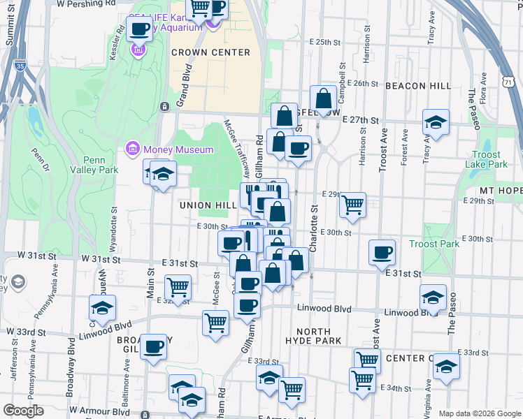 map of restaurants, bars, coffee shops, grocery stores, and more near 2924 Cherry Street in Kansas City