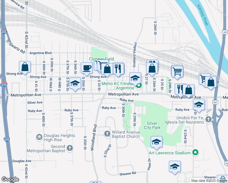 map of restaurants, bars, coffee shops, grocery stores, and more near 3101 Connor Street in Kansas City