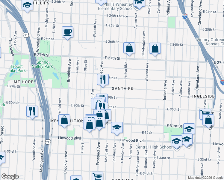 map of restaurants, bars, coffee shops, grocery stores, and more near 2635 Victor Street in Kansas City